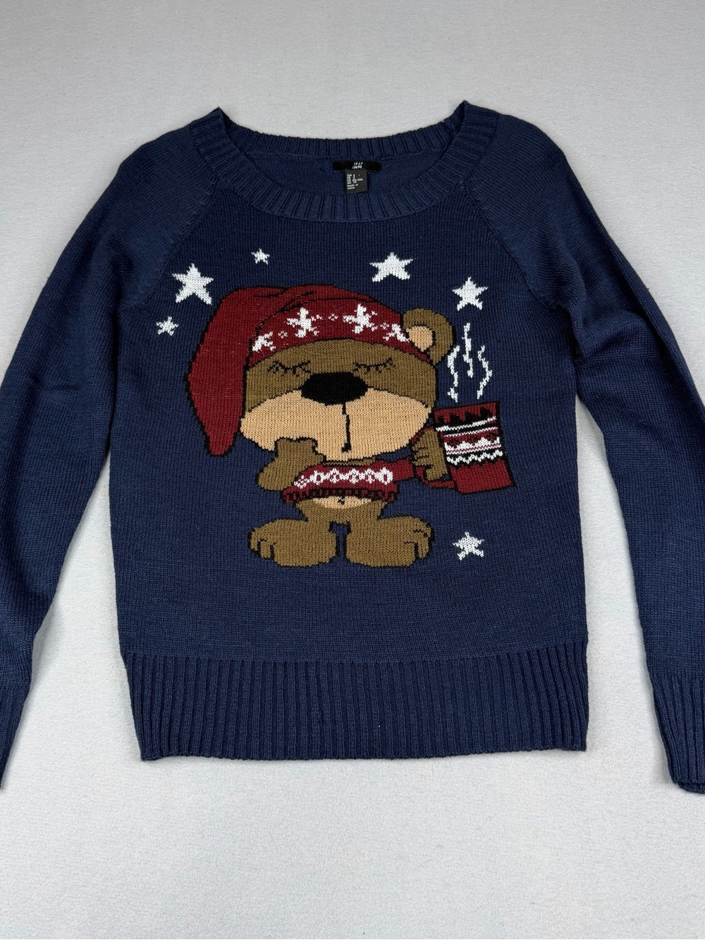 H&M Teddy Bear Christmas Sweater Womens Small Navy Holiday Knit NWOT